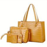 4pcs Crocodile Pattern Tote Bag Set, Women's Vintage Handbag With Crossbody Bag Wristlet Clutch Purse Card Holder