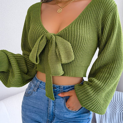 solvbaoBowknot V Neck Cropped Sweater, Casual Lantern Long Sleeve Loose Fall Winter Cropped Knit Sweater, Women's Clothing