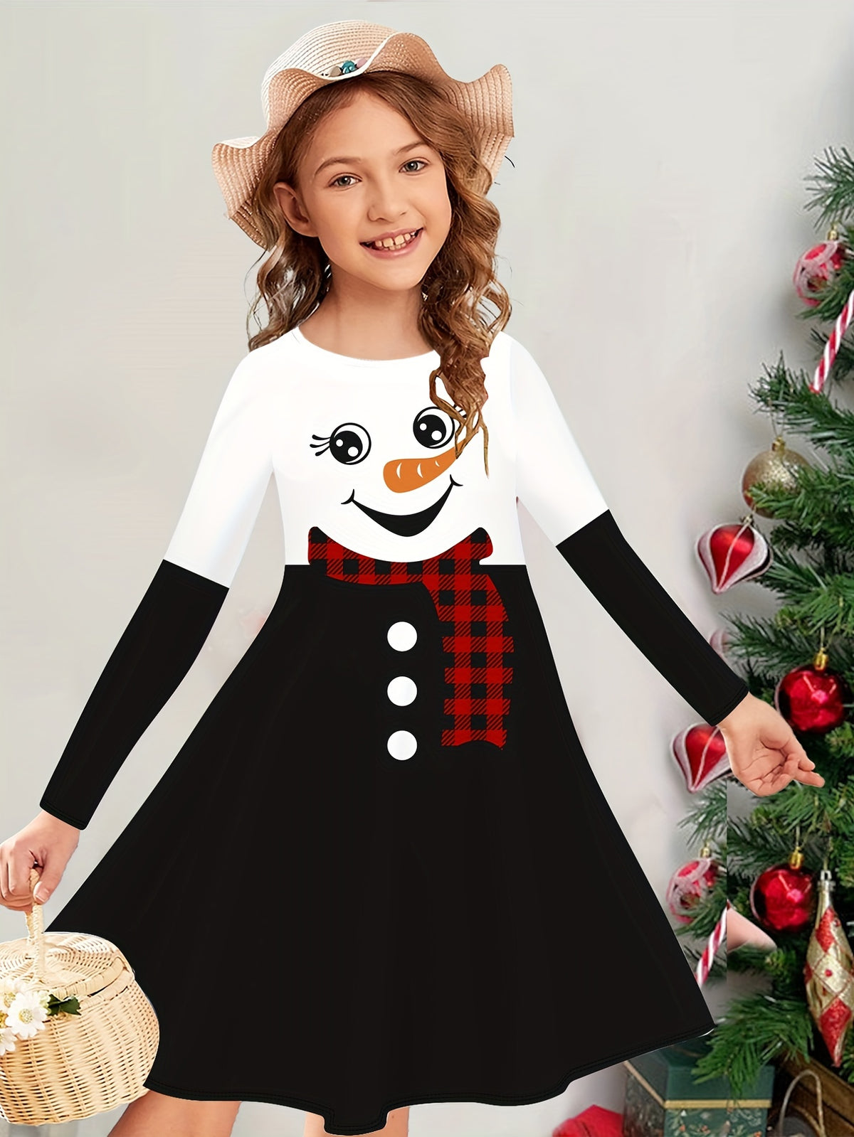 Children's Christmas Snowman Pattern Casual Knit Dress - Long Sleeve Polyester Winter Dress for Kids