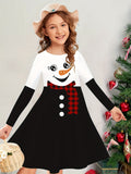 Children's Christmas Snowman Pattern Casual Knit Dress - Long Sleeve Polyester Winter Dress for Kids