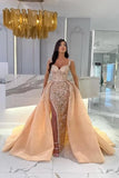 Elegant Champagne Long Mermaid Prom Dresses With Detachable Overskirt Off Shoulder Sweetheart Tulle Lace Appliques Beads Formal Evening Gowns with Slit