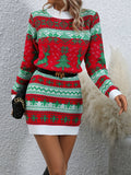 Long Sleeve Deer Pattern Casual Crew Neck Sweater Dress for Spring & Fall, Women's Clothing