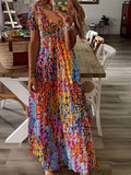 Plus Size Vibrant Abstract Maxi Dress - Chic V-Neck and Comfy Short Sleeves, Perfect for Spring & Summer Strolls, Stylish Oversized Women's Attire