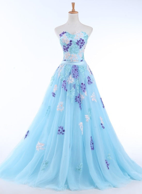 Solvbao Light Blue Tulle Sweetheart Long Party Dress, Blue A-line Formal Dress with Lace Applique