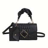 Stylish Crocodile Pattern Square Shoulder Bag Top Ruched Handle Satchel Bag For Women