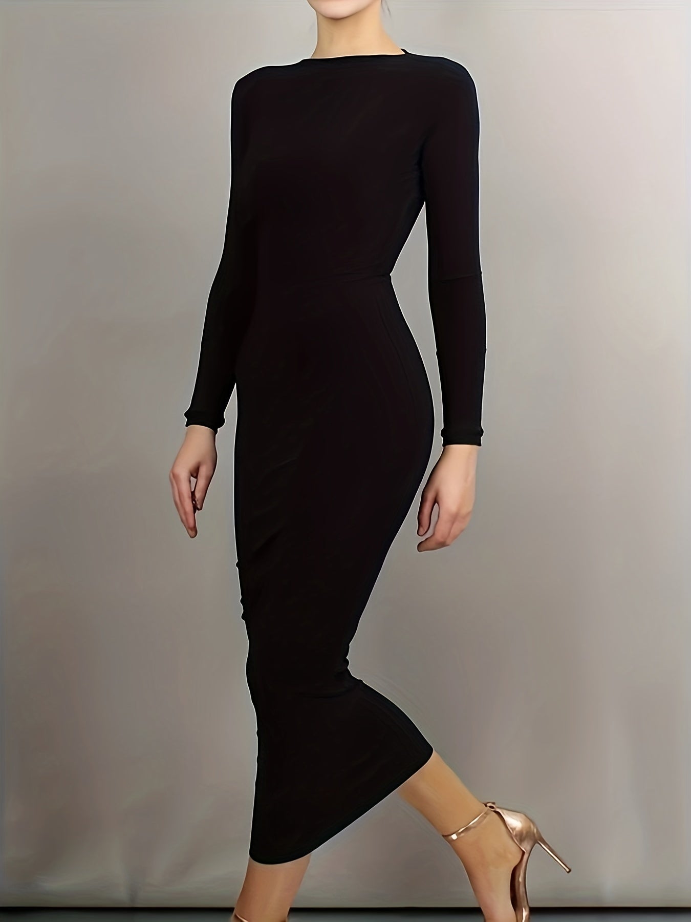 solvbao  Split Solid Midi Dress, Elegant Long Sleeve Bodycon Party Dress, Women's Clothing