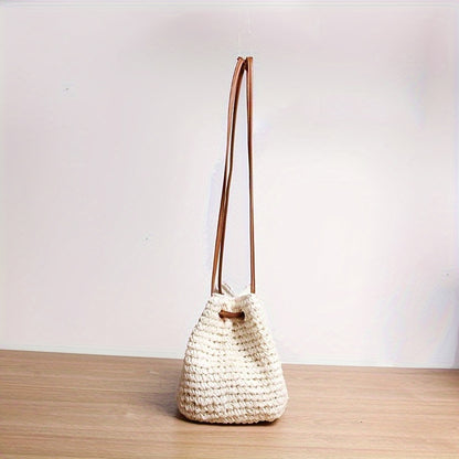 solvbao  Mini Straw Bucket Bag For Women, Summer Holiday Crossbody Bag, Stylish Drawstring Shoulder Beach Bag