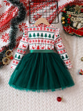 Festive Christmas Princess Dress - Long Sleeve, Ruffle Hem, Satin Bow, Digital Print Tulle Skirt, Party-Perfect, Slight Stretch, Polyester & Elastane Blend Fabric - Ideal for Fall/Winter Season, Holiday Parties, and Special Occasions