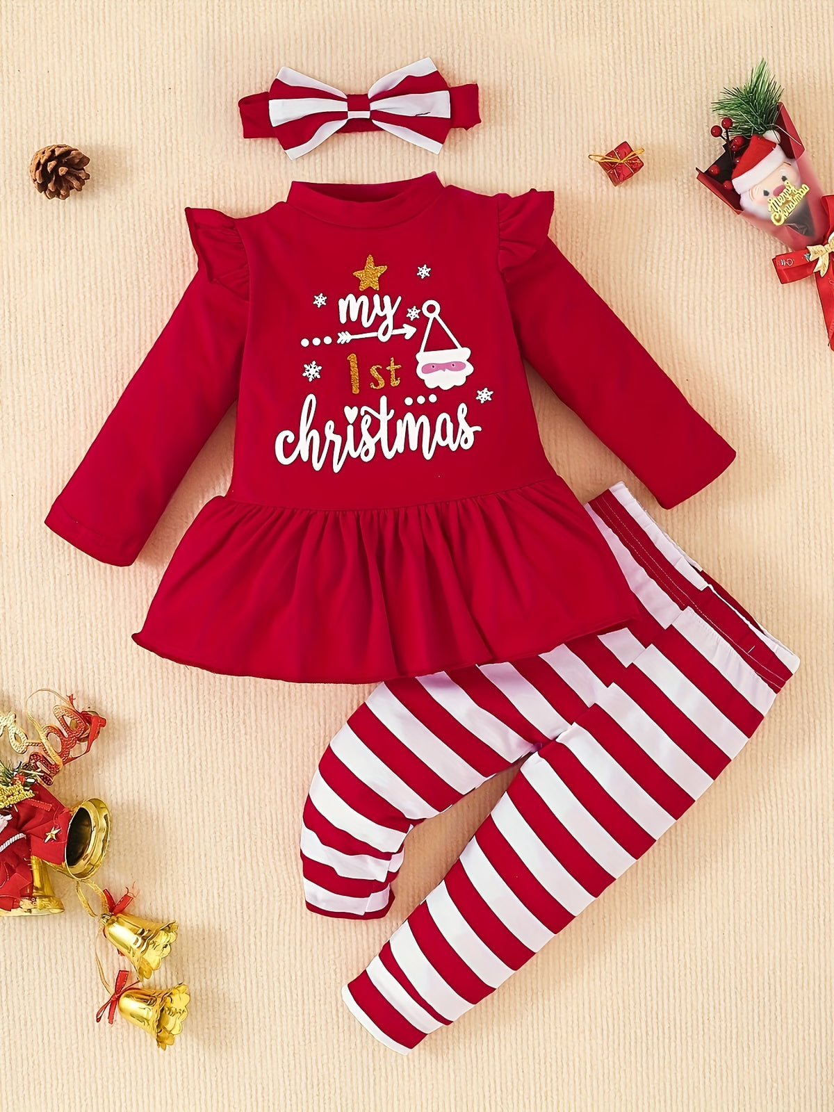 Baby Girl Christmas Outfits, Fall Winter Long Sleeve My First Christmas Letter Print Dress Top + Striped Pants 2pcs outdoor clothes Outdoor Set 3-18 Months, Outdoor Cloth