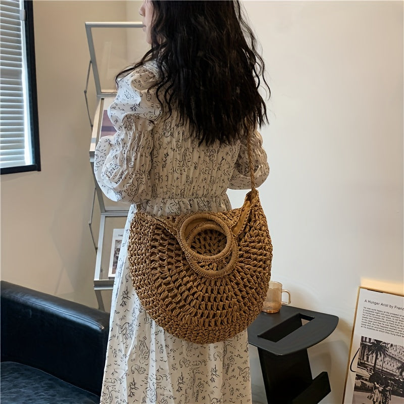 solvbao  Straw Woven Tote Bag, Summer Beach Large Capacity Crossbody Bag, Versatile Elegant Handbag