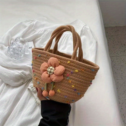 solvbao  Flower Decor Woven Handbags, Boho Style Summer Beach Bag, Niche Design Vegetable Basket