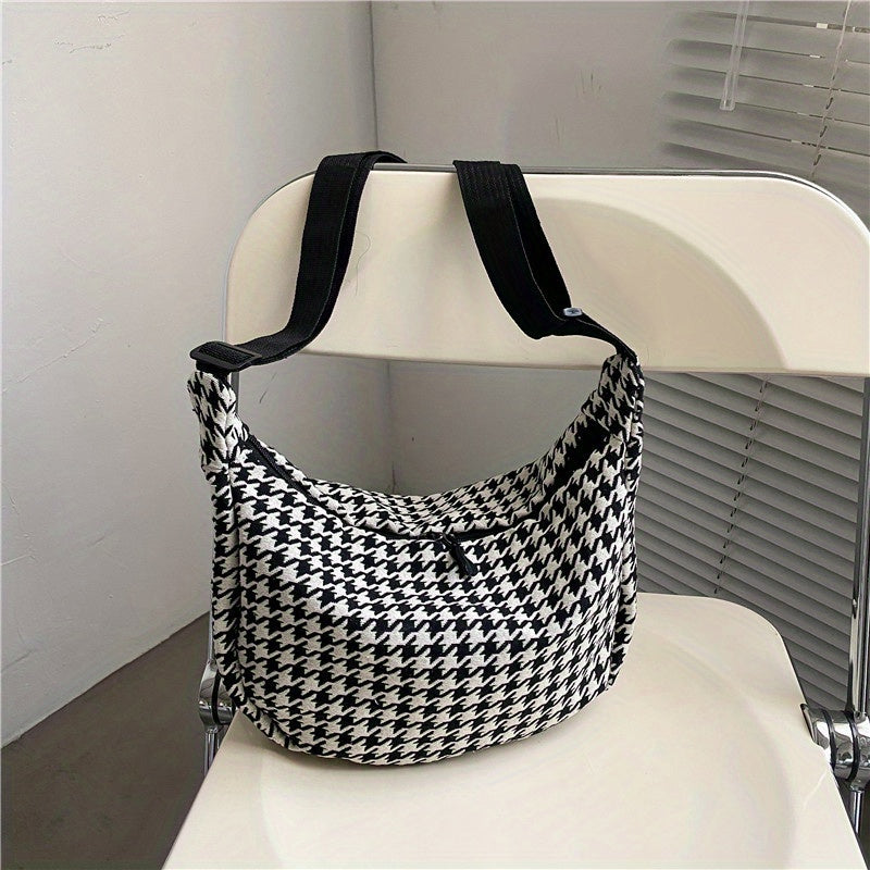 solvbao  Stylish Houndstooth Pattern Hobo Shoulder Bag, Women's Zipper Crossbody Bag, Trendy Bag