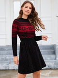 Women Long Sleeve Knitted Crewneck High Waist A-Line Cute Mini Sweater Dress