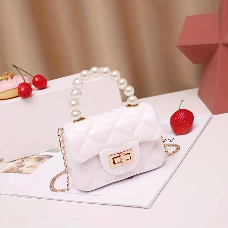 solvbao  Mini Jelly Handbag For Girls, Faux Pearl Handle Coin Purse, Trendy Chain Crossbody Bag (12.45*8.89*5.08cm)