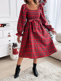 Long Sleeved Brushed A-line Women's Dress with Checkered Print, Elastic Waistband, Front and Back Tied