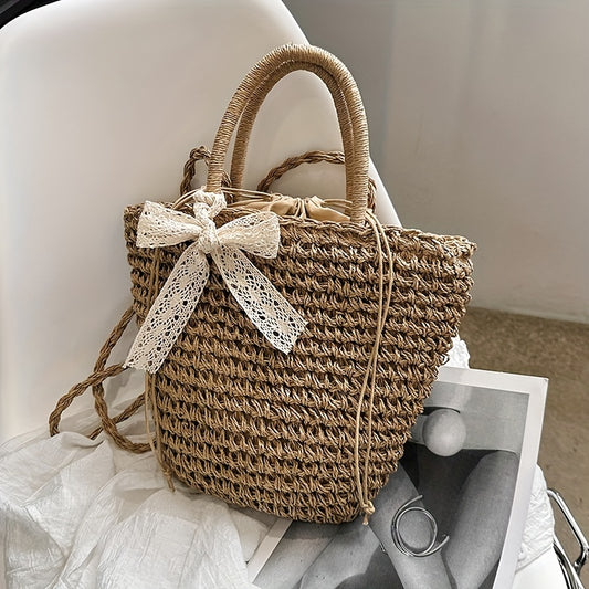 solvbao  Khaki Straw Woven Large Capacity Handbag, Beach Holiday Drawstring Tote Bag, Women's Travel Bag With Scarf