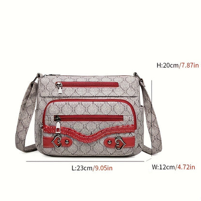 solvbao  Rhombus Pattern Crossbody Bag, Heart Decor Shoulder Bag, Women's Nylon Multi Pockets Purse