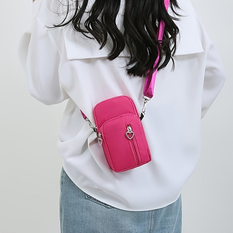 Mini Heart Zipper Phone Bag, Nylon Canvas Crossbody Bag, Multi Layer Zipper Around Purse (3.54*6.7*2.36) Inch