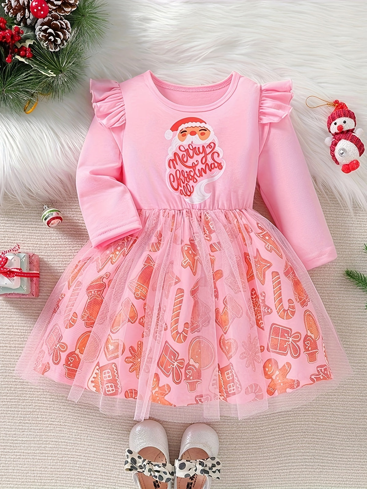 Girls' Festive Santa Claus & Candy Print Mesh Tutu Dress with Flutter Trim Crew Neck for Party, Gift, Christmas