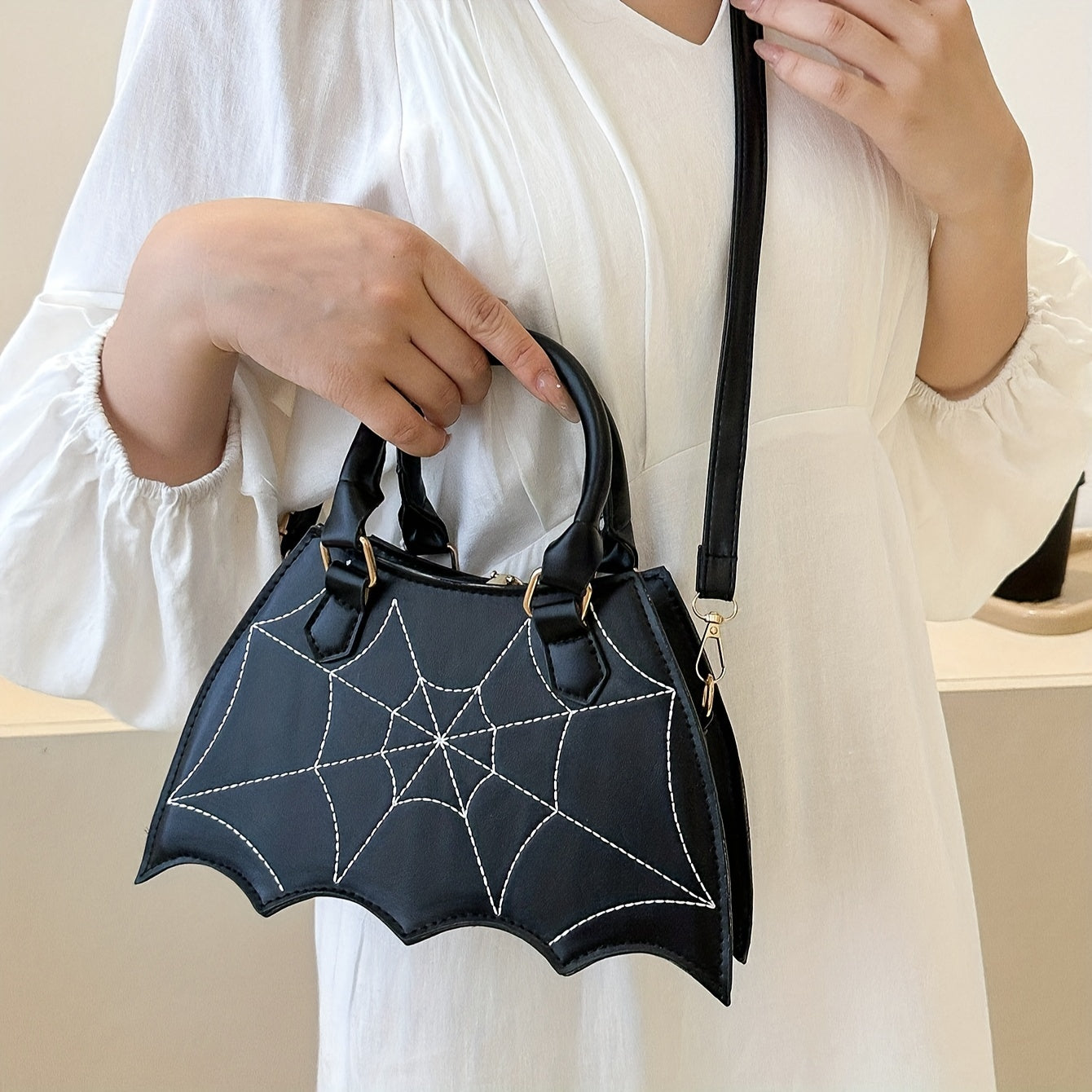 solvbao  Dark Style Y2K Bat Spider Web Handbag, Vintage Faux Leather Crossbody Bag, Halloween Party Purse For Women