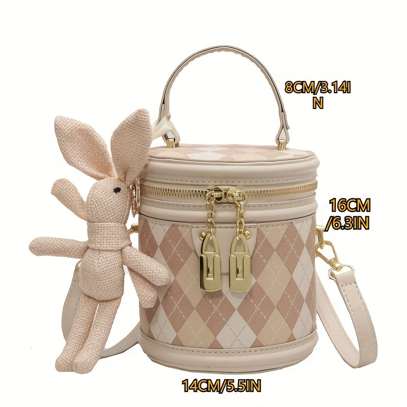 solvbao  Mini Argyle Pattern Cylinder Handbag, Trendy Bucket Crossbody Bag, Cute Round Purse With Pendant For Women