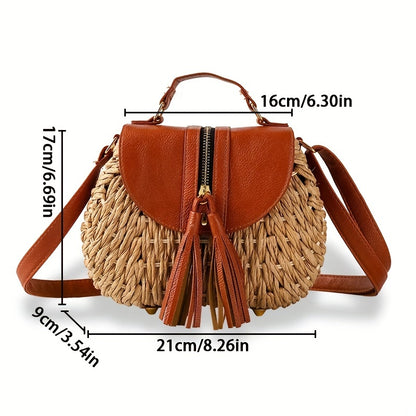 solvbao  Mini Straw Woven Crossbody Bag, Vintage Summer Beach Shoulder Bag, Women's Retro Handbag & Purse For Travel Vacation