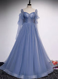 solvbao Blue Tulle Beaded Sweetheart Unique Long Prom Dress, Blue Evening Dress Formal Dress