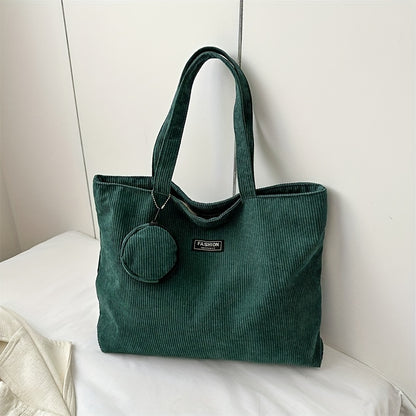 solvbao  Casual Corduroy Tote Bag, Minimalist Shoulder Bag, All-Match Handbag With Mini Round Purse