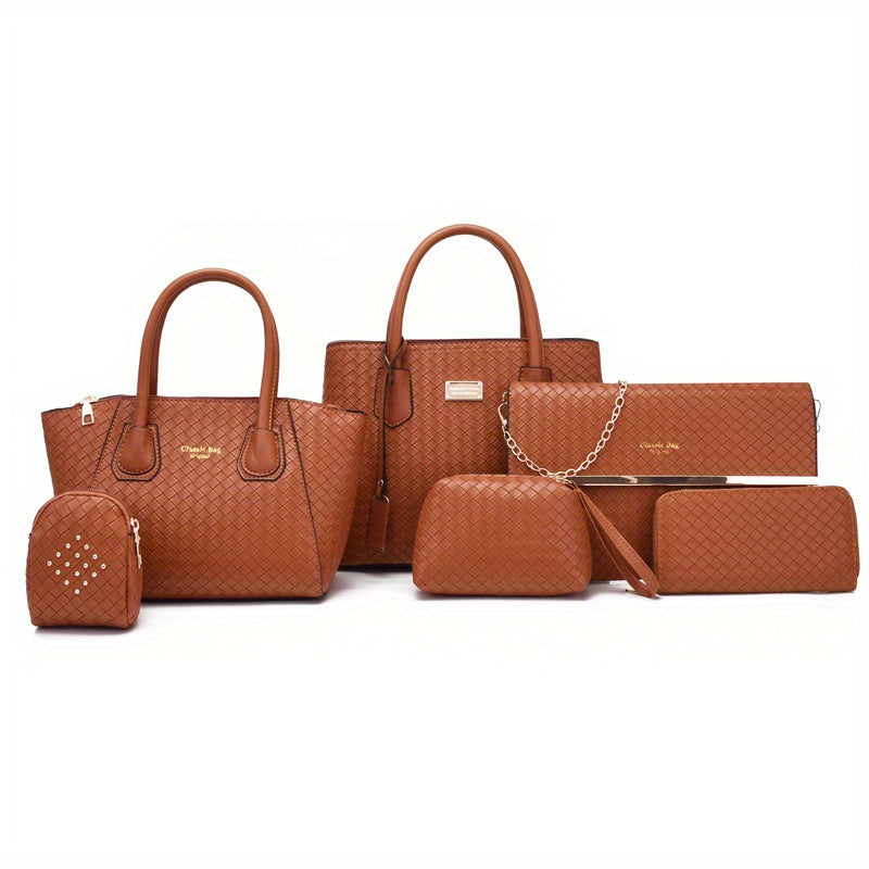 6pcs Woven Tote Bag Set For Women, Fashion Satchel Bag With Handbag Crossbody Bag Wristlet Bag Long Wallet Coin Purse