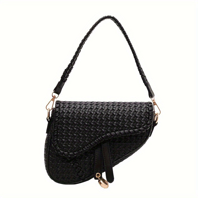 Trendy Woven Pattern Saddle Bag, Niche Design Crossbody Bag, Luxury Shoulder Purse For Every Day