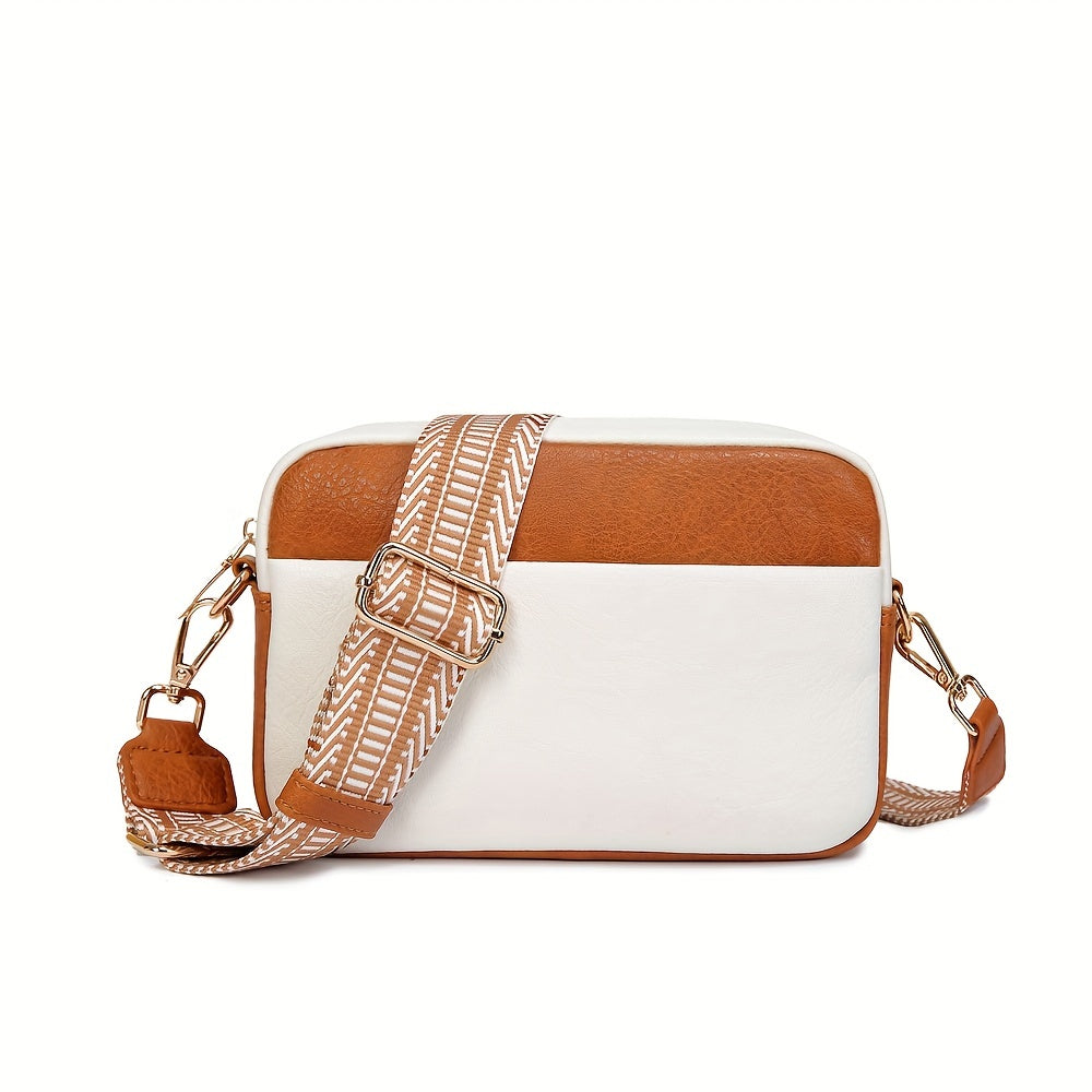 solvbao Minimalist Solid Color Square Shoulder Bag, Classic Zipper Purse With Wide Geometric Pattern Strap