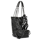 2pcs Punk Style Skull Embossed Tote Bag Set, Halloween Gothic Shoulder Bag, Scarf Decor Handbag With Crossbody Bag