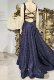 kamahe Dark blue sequin long prom dress , blue evening dress