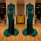 kamahe Dark Green Beadings Pearl Long Sleeves Evening Gowns Mermaid Prom Dress With Slit