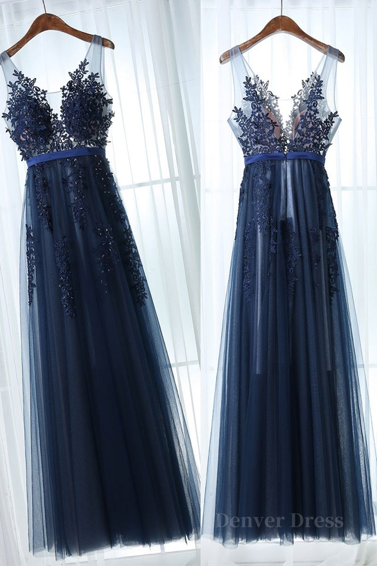 kamahe Dark Navy Blue Lace Prom Dresses, Dark Navy Blue Lace Formal Bridesmaid Dresses