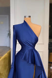 kamahe Dark Royal Blue One shoulder Ruffles Side-cut Overskirt Prom Dress