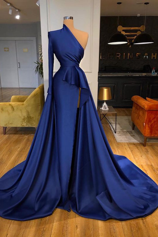 kamahe Dark Royal Blue One shoulder Ruffles Side-cut Overskirt Prom Dress