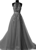 solvbao Grey Halter Lace Applique Tulle Formal Gowns, Grey Party Dresses, Prom Gowns, Formal Dresses