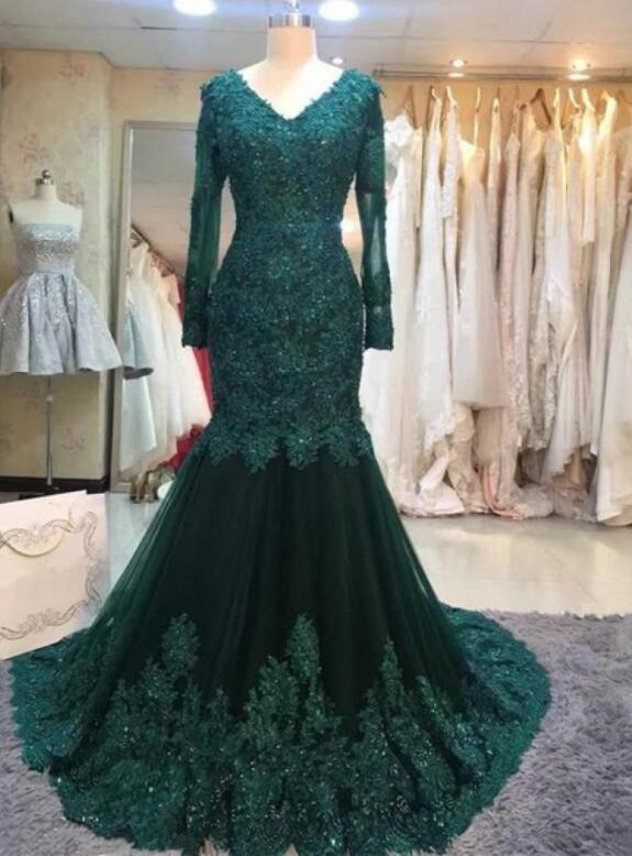 Solvbao Dark Green Long Sleeves Lace Mermaid Formal Dress, Long Prom Dresses