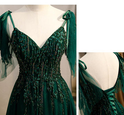 solvbao Elegant V-neckline Straps Tulle Long Junior Prom Dress, Green Prom Dress