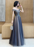 solvbao Dark Grey Tulle with Lace Applique Sweetheart Long Prom Dress, A-line Off Shoulder Party Dress