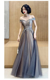 solvbao Dark Grey Tulle with Lace Applique Sweetheart Long Prom Dress, A-line Off Shoulder Party Dress