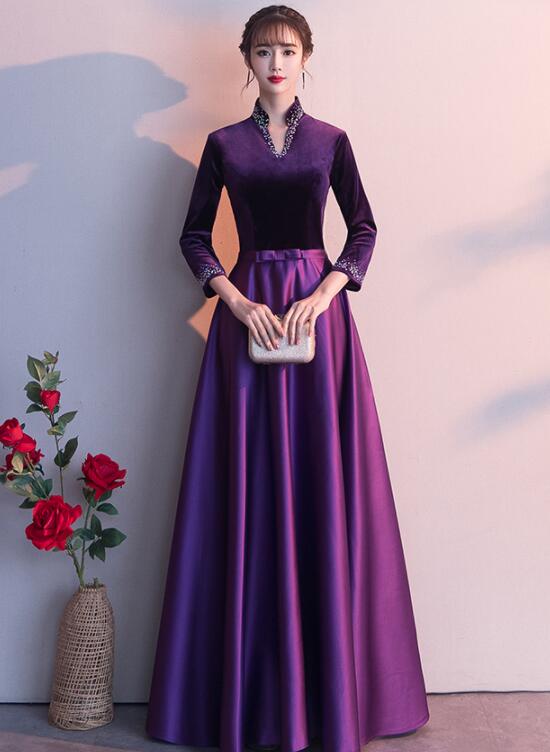 Solvbao Dark Purple Satin Long Sleeves Beaded Velvet Bridesmaid Dress, Purple Formal Dress