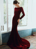 Solvbao Burgundy Velvet Long Sleeves Mermaid Party Dress, Long Prom Dress