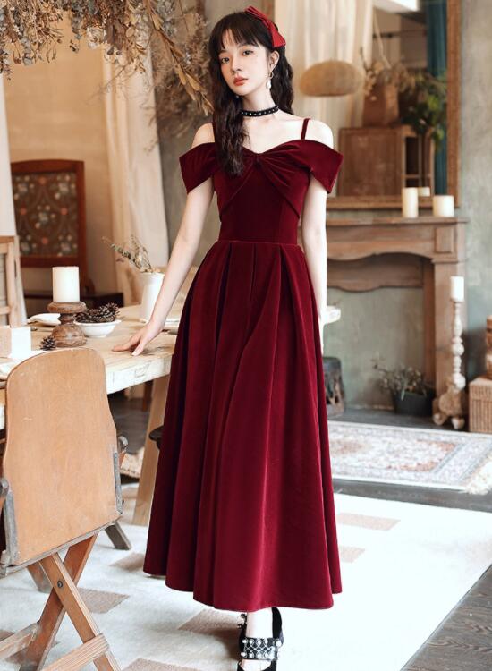 Solvbao Wine Red Velvet Off Shoulder Long Evening Dress, Dark Red Party Dress Formal Dress