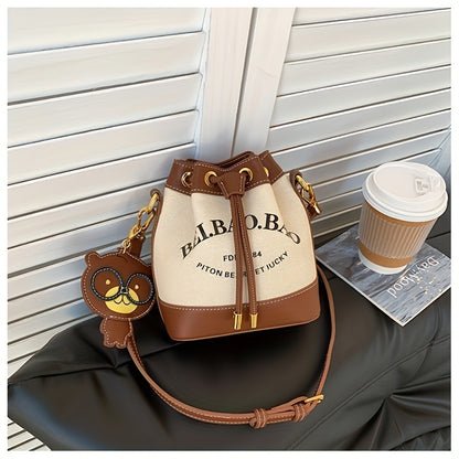 solvbao Letter Graphic Bucket Bag For Women, Canvas Stitching Crossbody Bag, Drawstring Shoulder Purse With Pendant