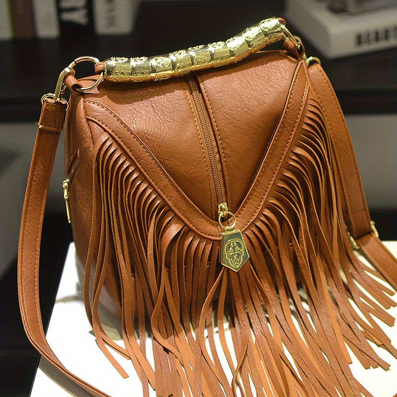 Vintage Tassel Bucket Bag, Fashion Top Ring Purse, Women's PU Leather Crossbody Bag