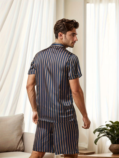 2 Pcs Men's Silky Trendy Stripe Print Reverse Neck Short Shirts & Shorts Pajama Sets, Comfortable & Skin-friendly Style Pajamas For Men's Cozy Loungewear