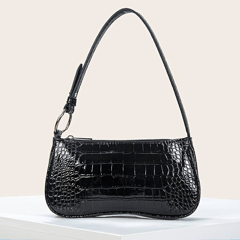 solvbao Minimalist Crocodile Pattern Shoulder Bag, Trendy Baguette Bag, All-Match Women's Underarm Purse