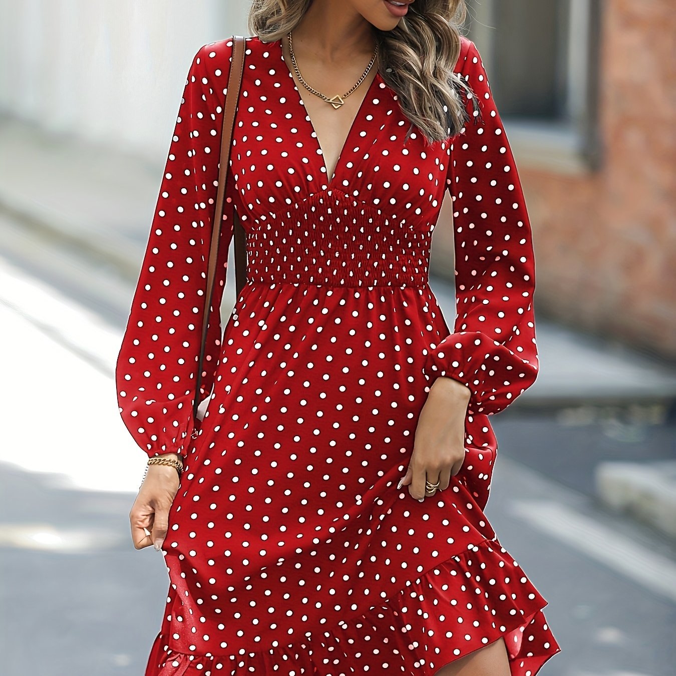 solvbao  Retro V-neck Ruffle Dress, Polka Dot Print Long Sleeve Waist Loose Summer Dresses, Women's Clothing